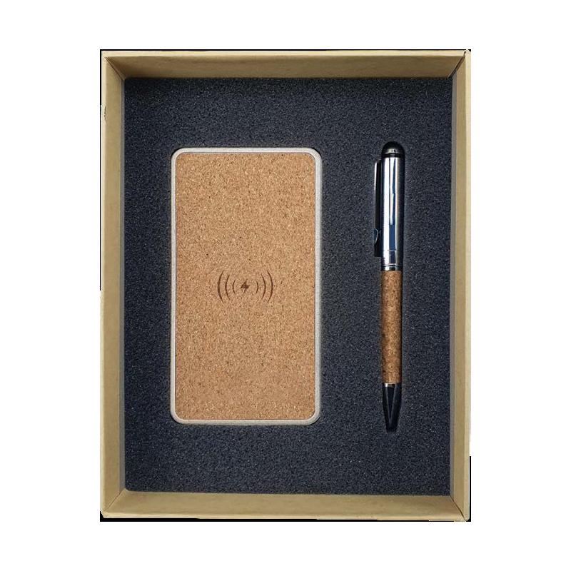 WGS-20 - Natural Cardboard Gift Box With Wheat Straw Wireless Powerbank, Cork & Metal Pen